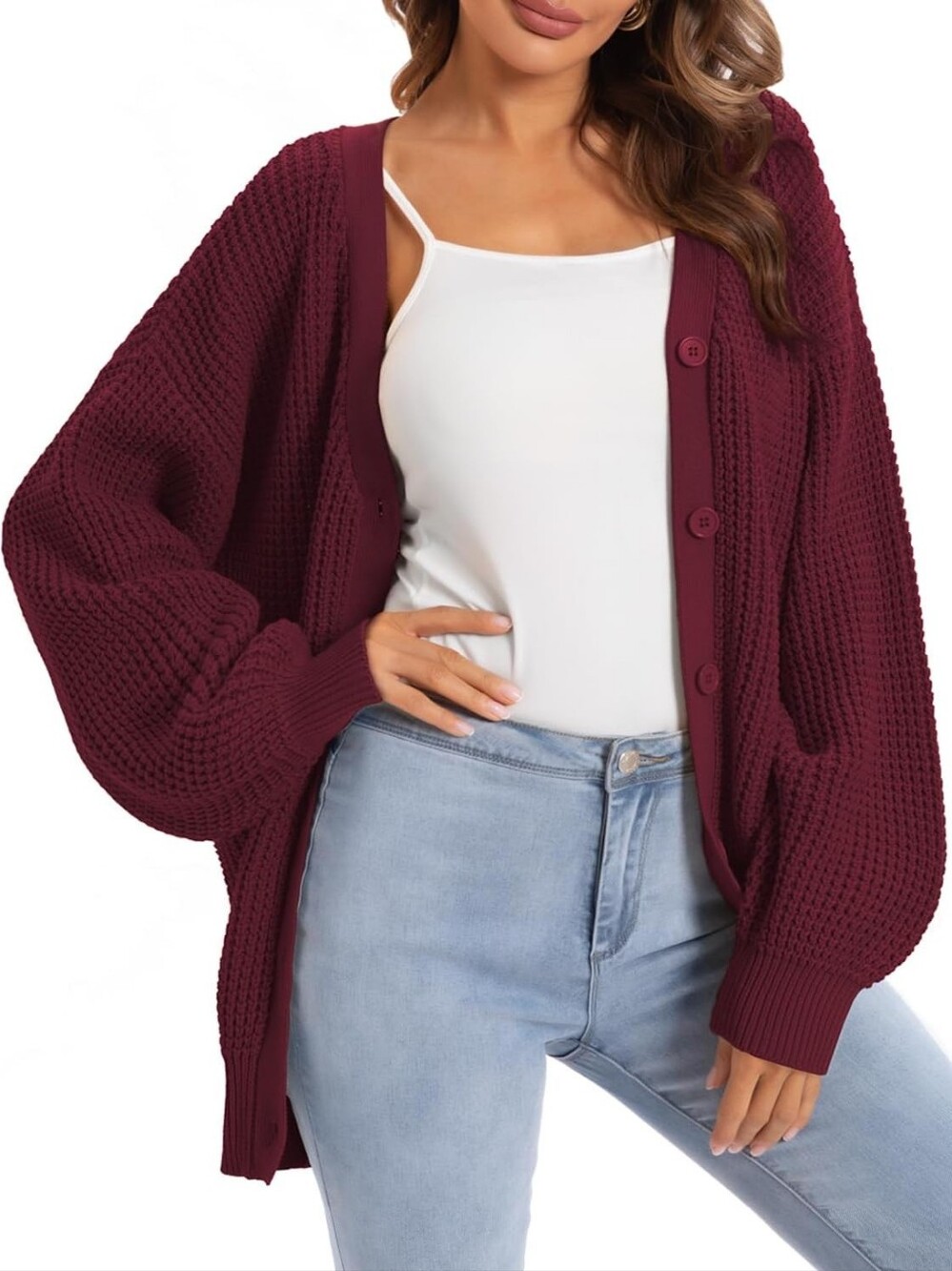 Qualfort Burgundy Chunky Button Cardigan Sweater Size Large
